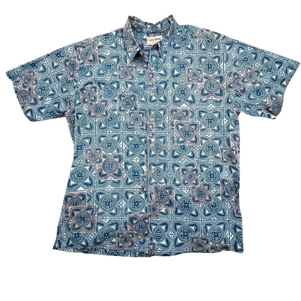 Cooke Street‎ Honolulu Mens 2XL Blue Geometric Tribal Batik Cotton Aloha Shirt